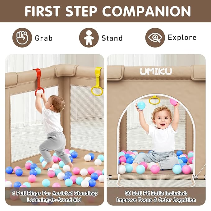 Baby Playpen Foldable Playpen for Babies and Toddlers, Large Playpens Portable Play Pen with 2 Doors Play Yard for Kid Fence Indoor Outdoor 4 Handlers 50 Balls Baby Newborn Infant Gifts 50"X50" Khaki