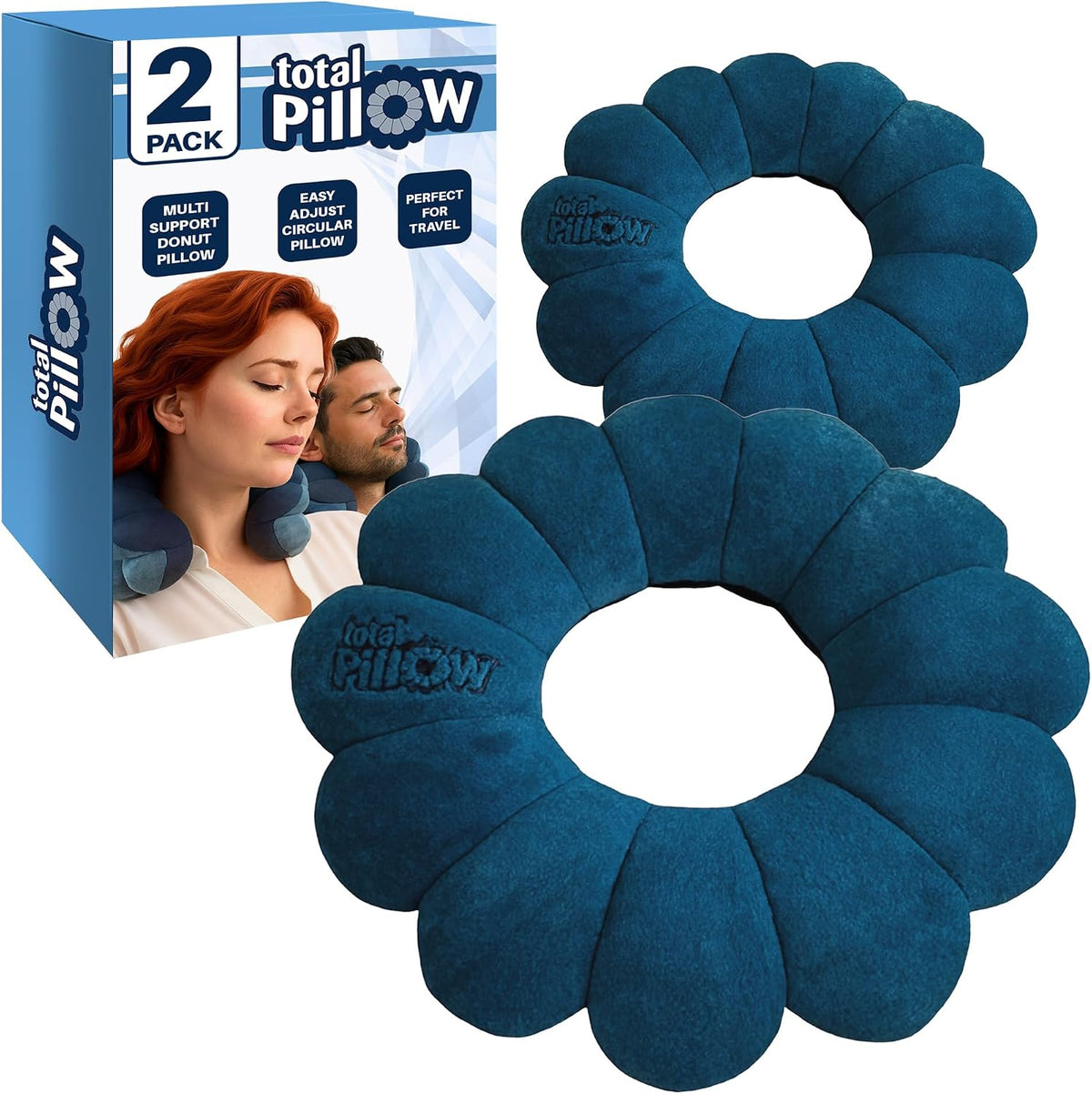 Total Pillow Donut Pillow for Airplane & Travel, Sleeping Neck Pillow, Microbead Comfortable Pillow for Neck, Head, Back, Lumbar & Pelvic Support, Twists to Many Positions - 2 Pack, Blue