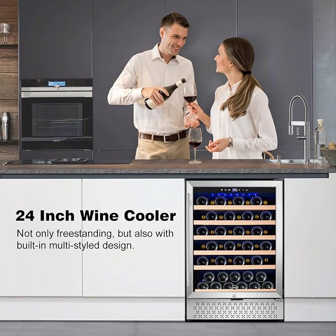 24 Inch Wine Fridge, 54 Bottles Wine Refrigerator, Under Counter or Freestanding, 40-65°F, Lock, Double Layer Tempered Glass Door, Wine Cooler Refrigerator with Adjustable Wooden Shelves