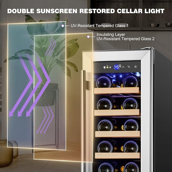 12" Wine Cooler Refrigerator, 18 Bottles Wine Fridge Built-in or Freestanding with Stainless Steel & Double-Layer Tempered Glass Door, Compressor Fast Cooling, Low Noise and No Fog, Mini Fridge