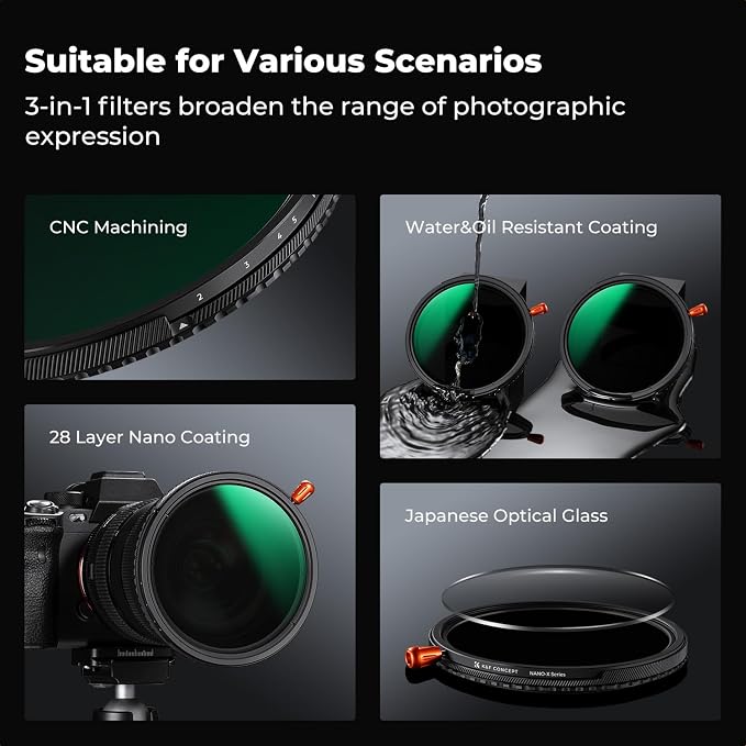 K&F CONCEPT 95mm Black Diffusion Mist Effect 1/4 & Variable ND2-32 & Circular