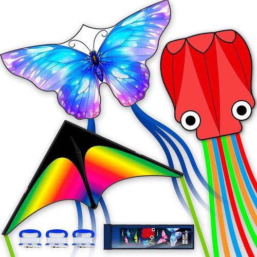 **SGftre 3-Piece Kite Set - Easy-to-Fly Butterfly, Delta & Octopus Kites for Kids & Adults | Colorful Designs**