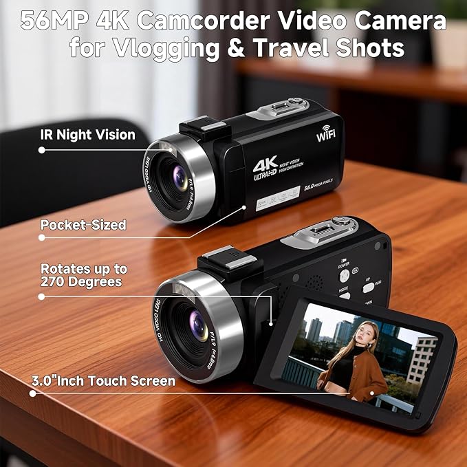 Video Camera, 4K Camcorder 56MP Digital Video Recorder 18X Zoom 3" 270°
