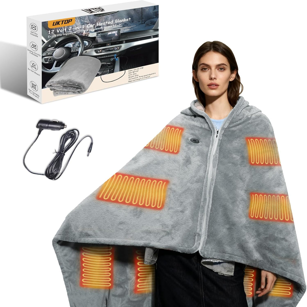 12 Volt Car Heated Blanket, 2-in-1 Wearable Car Blanket 59"X39" with 3 Heating Levels with Zipper for Car/Truck/SUV/RV, Camping & Travel Car Electric Blanket, Machine Washable, Grey