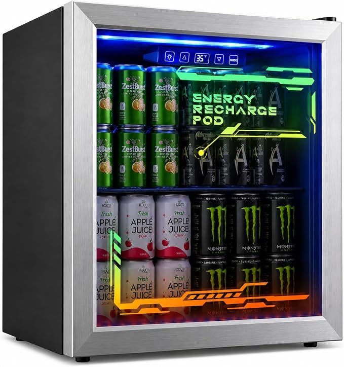 Tehanld Lighted Beverage Refrigerator, 68-Can Gaming Mini Fridge | RGB illuminated glass door, 1.8 cu.ft, 35-65°F digital control, quiet drink cooler for bedroom, game room, home bar