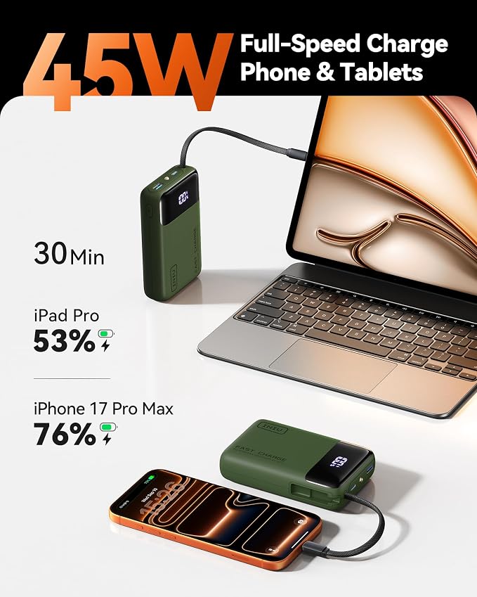 INIU 20000mAh Power Bank, Small Portable Charger, 45W PD Fast Charging Battery Pack with Build in USB-C Cable, Travel Phone Charger for iPhone 17 16 15 14 Air Samsung S25 S24 Google iPad Xiaomi, Green