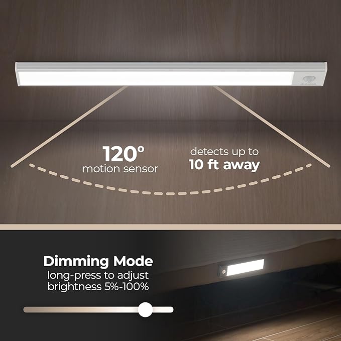 Magnetix 8in Re-Chargeable LED Under Cabinet Motion Sensor Light Bar with Magnetic Mounting Clips, Dimmable and 3-CCT Selectable in Brushed Aluminum for Kitchen and Closet