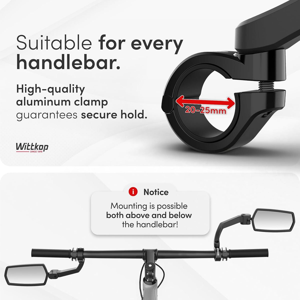 WITTKOP Bike Mirror - Large HD Field of Vision | 360° Rotatable & Foldable | Durable & Break-Proof