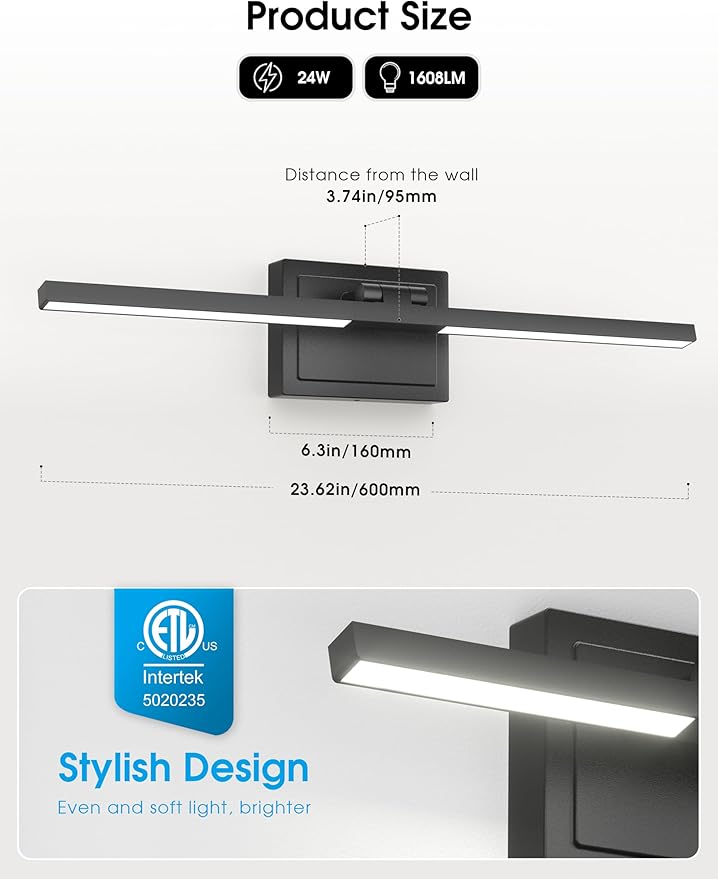 VOLISUN Bathroom Vanity Light 24 inch, 5CCT Dimmable, 24W LED Bathroom Light Fixture Over Mirror, Black Bar Vanity Lights for Bathrooms Mirror Cabinets -ETL Certificated