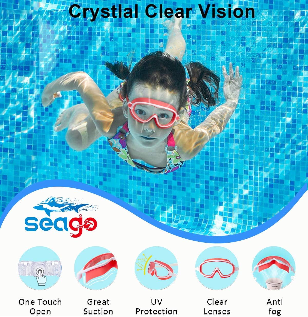 Seago Swim Goggles - Anti-Fog & Anti-UV Wide View Design for Kids Ages 3-15 | 2 Pack