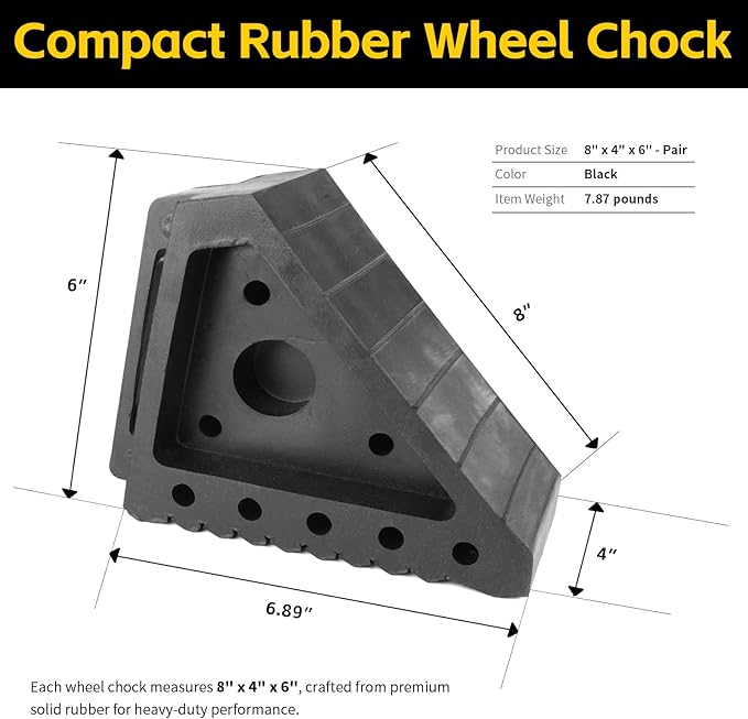 MaxxHaul Solid Rubber Wheel Chock 2-Pack | 8" x 4" x 6" Heavy-Duty Tire Stop | Non-Slip Traction Pads | Built-In Handle | All-Weather Vehicle Safety Block (70472)