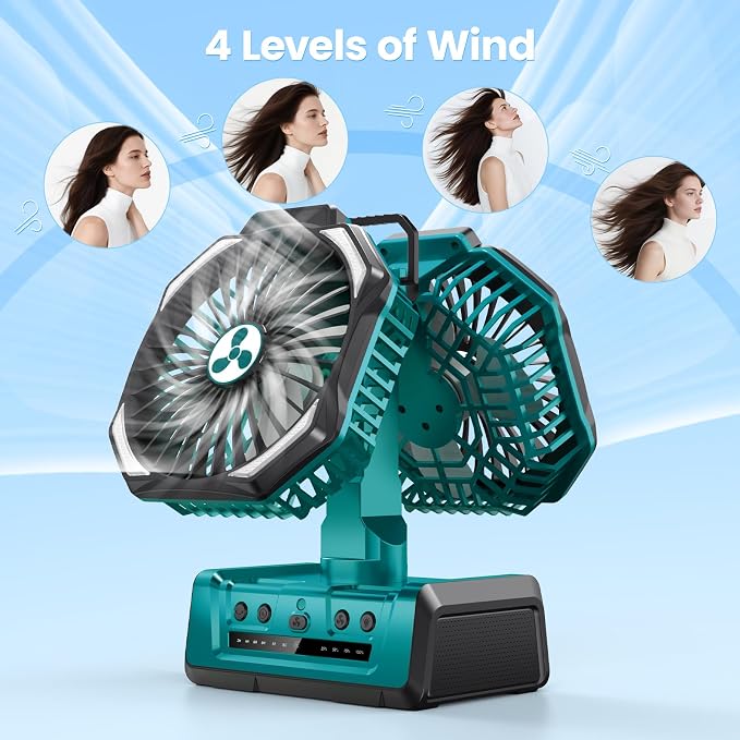 Dual Head Portable Rechargeable Fan 20000mAh Battery Powered Fan Camping Cordless with 360° Air Delivery, LED Lantern & Remote, Auto Oscillation, Battery Operated for Tent Office Travel Picnic Jobsite