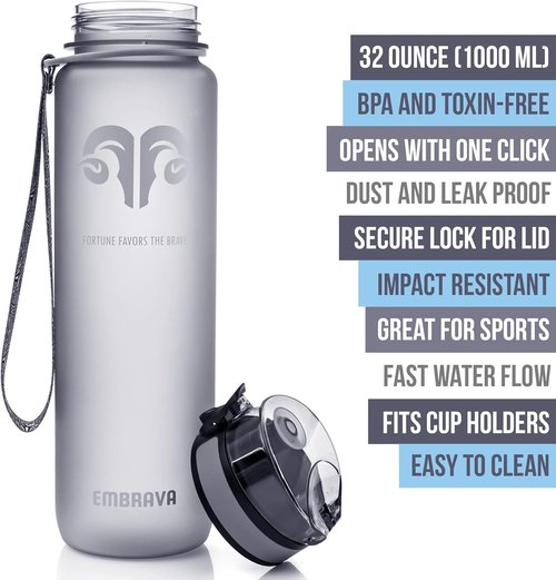 Embrava Sports Water Bottle 32oz | Fast Flow Flip Top Lid - BPA & BPS Free, Leakproof Tritan Plastic