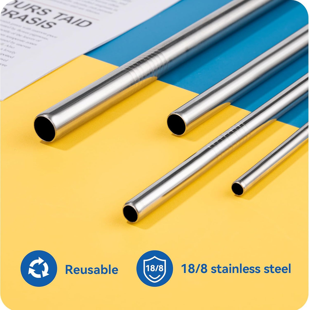 Skiennix 4-Pack Stainless Steel Straw Set - Reusable & Dishwasher Safe - 215mm Length, Multiple Diameters (Black)