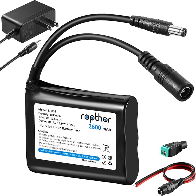 rapthor Rechargeable 12V 2600mAh Lithium ion Battery Pack with Charger Compatible with 12V Devices, Bike Light, DIY Project, Radio, Fishing Light,LED Light Strip, CCTV Camera