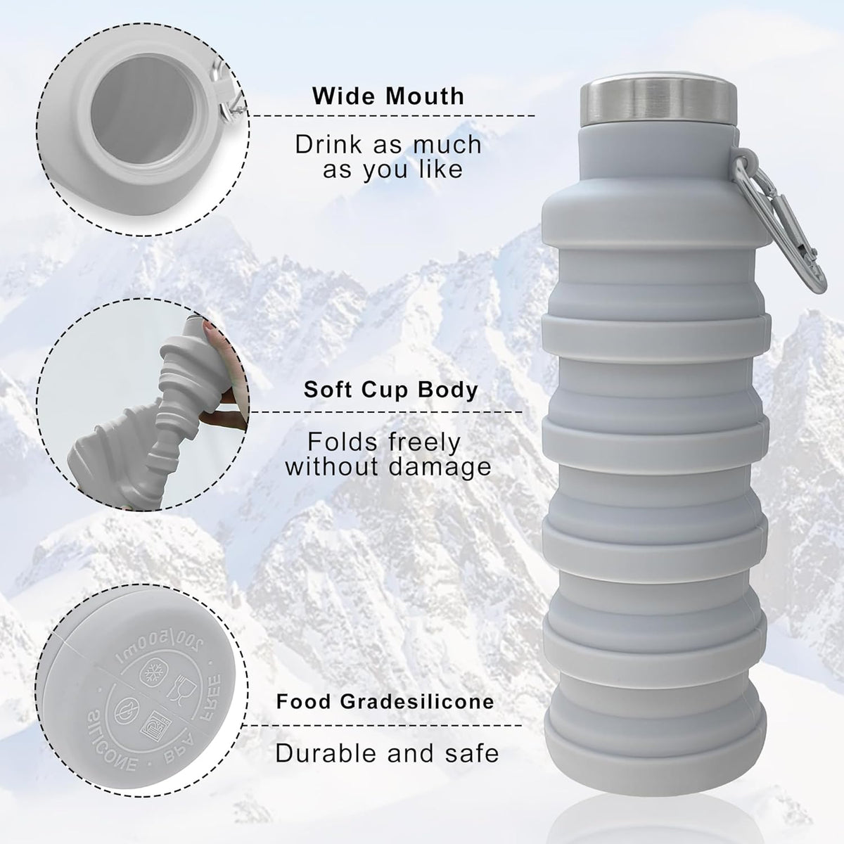 YCT Collapsible Water Bottle - 17oz Portable Silicone Bottle for Travel, Gym & Hiking | Purple & Black