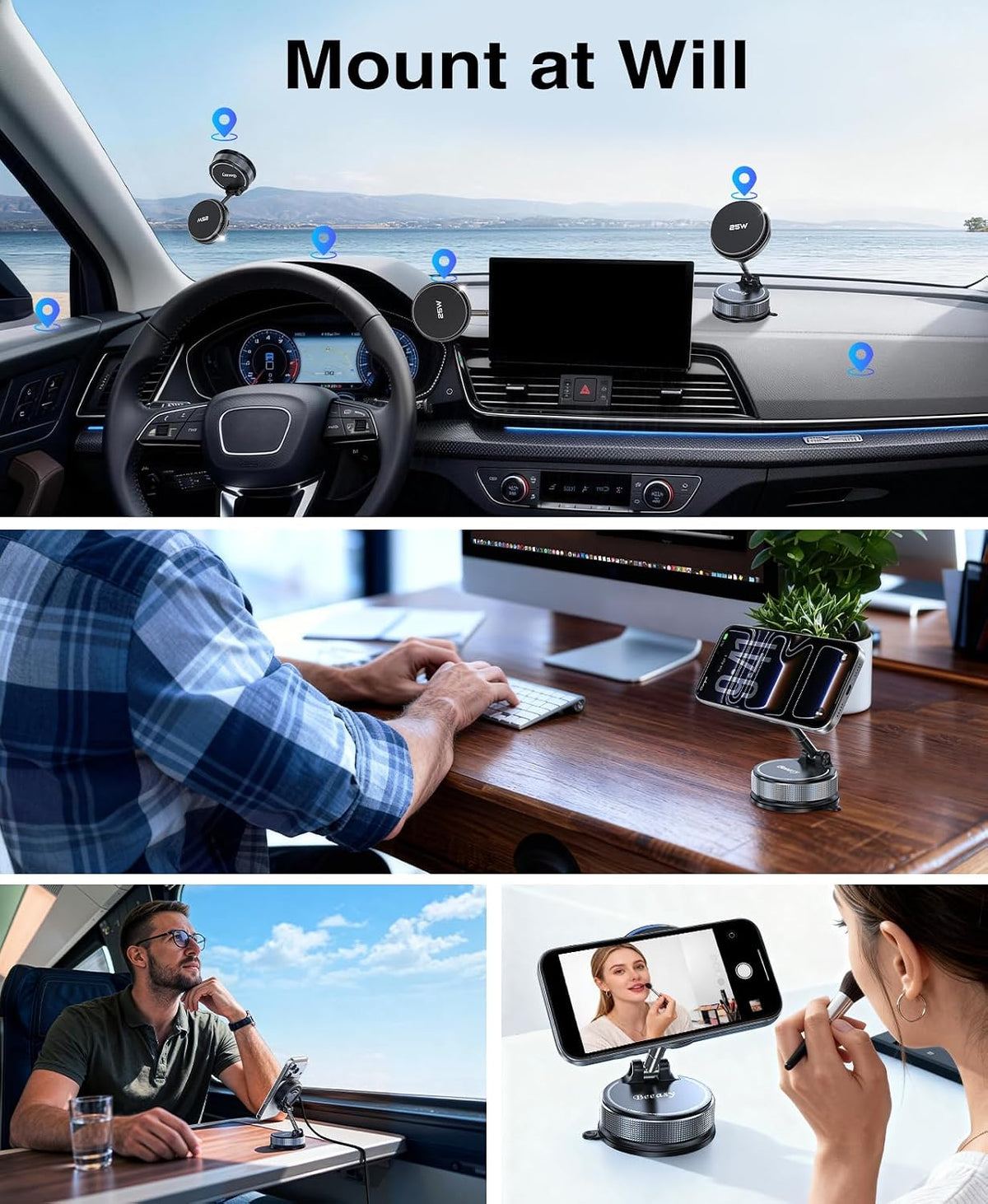 Beeasy 25W Qi2.2 MagSafe Car Mount Charger Built-in Cooling Fan, Upgraded Vacuum Suction Cup 360° Rotation, Magnetic Wireless Car Charger with 63W Adapter for iPhone 17 16 Pro Max Samsung S26 Ultra