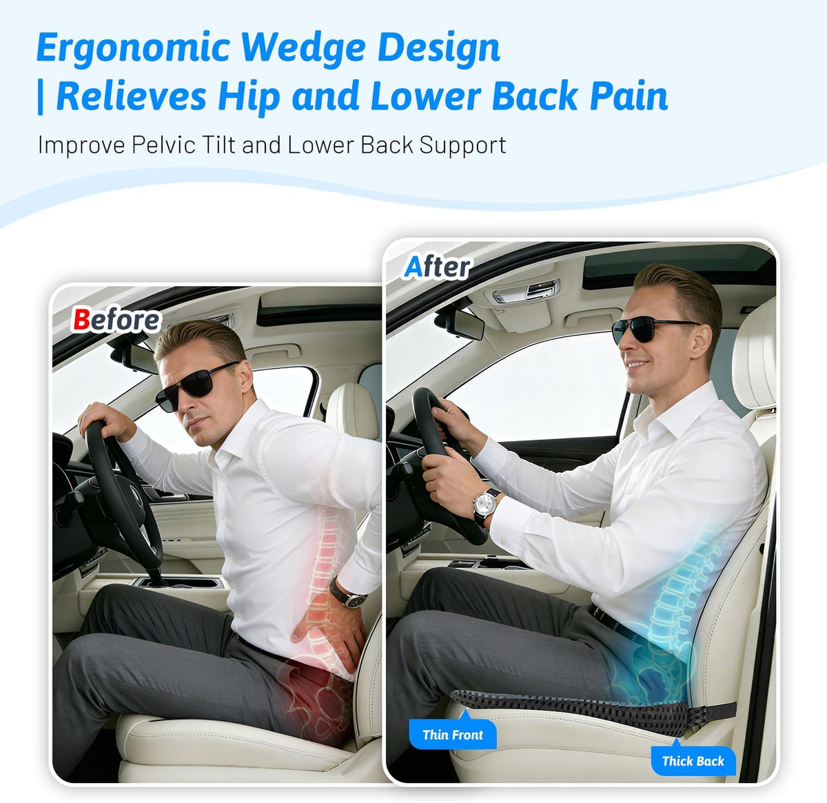 Wedge Car Seat Cushion for Driving for Better Visibility & Sciatica Relief