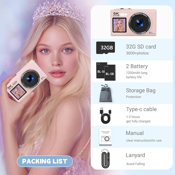 5K Digital Camera for Photography, 80MP Dual Screen Vlogging Camera for YouTube