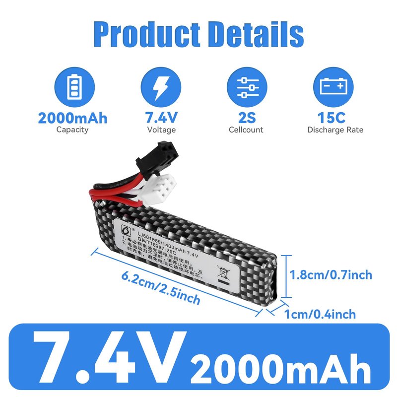 OooSure 2 pcs 7.4V 1400mAh 25C 501855 Lipo Airsoft Gun Batteries with 2S Charging Cable and SM2P to Mini Tamiya Switch Cable for Airsoft Gel Guns repalce Battery for STD-X2(2 PCS)