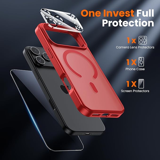 toushion 3 in 1 for iPhone 17 Pro Case Matte Red, Fits MagSafe, Screen
