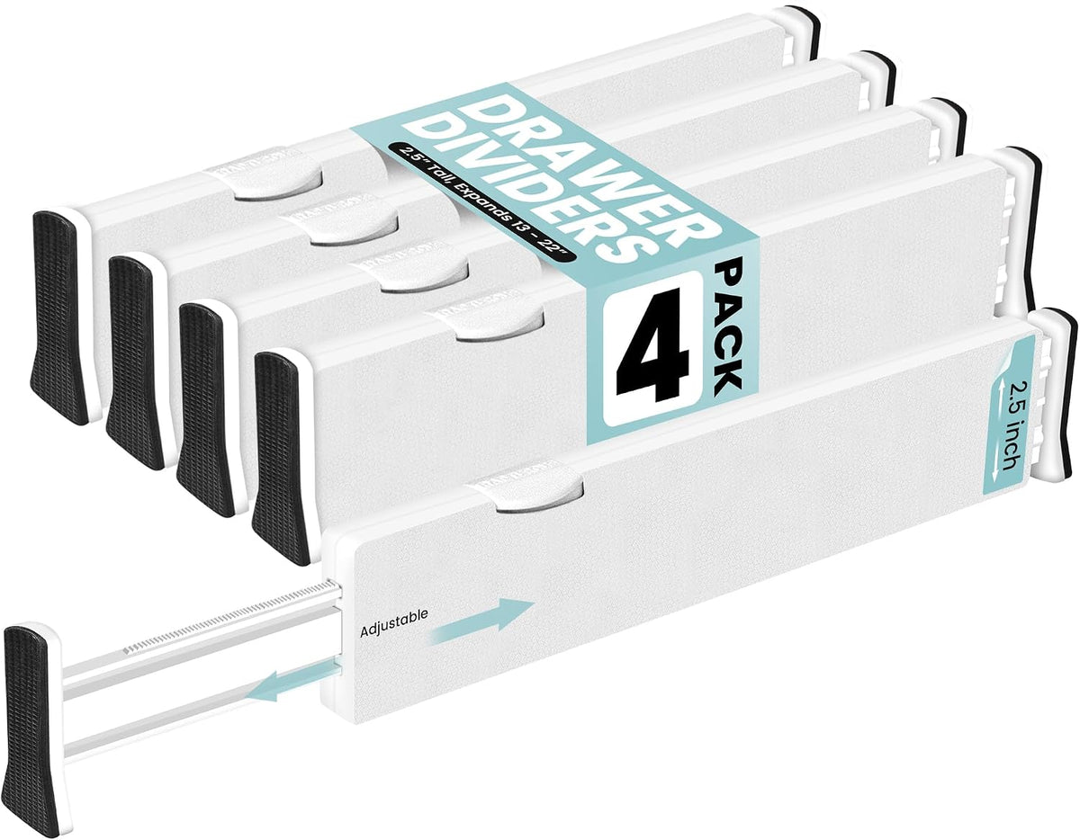 RAPTUROUS White Expandable Drawer Dividers (5" Tall, 13"-22" Long, 5 Pack - White)