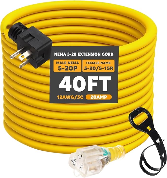 Kanayu 40 FT NEMA 5-20 Extension Cord, 5-20P Male Plug to 5-20/5-15R Female Receptacle, 20 Amp T-Blade Outlet Extension Power Cord with Indicator Light, 12 AWG, ETL Listed