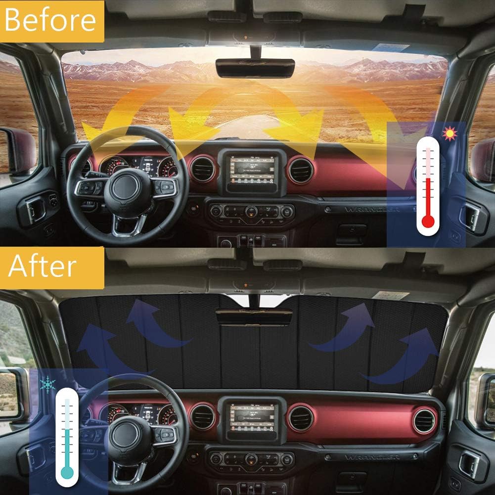Big Hippo Windshield Sun Shade for 2007-2023 Wrangler Rubicon Sahara TJ JK JKU 2 &amp; 4 Door-Blocks UV Rays Sun Visor Protector,Car Sun Shade Keep Your Vehicle Cool,Car Window Shade