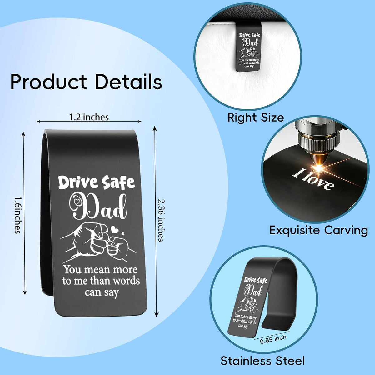 Drive Safe Dad Car Visor Clip Stainless Steel, You Mean More to Me Than Words Can Say Engraved Reminder, Safe Driving Gift for Dad, Car Receipt Holder & Sun Visor Organizer EDG40