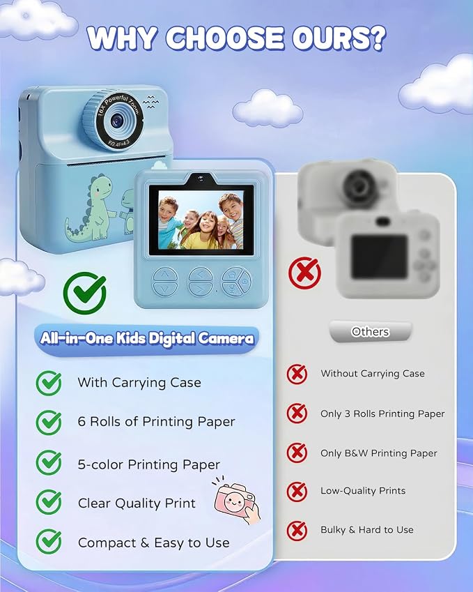 Kids Camera Instant Print with Carrying Case, Digital Selfie Camera with 6