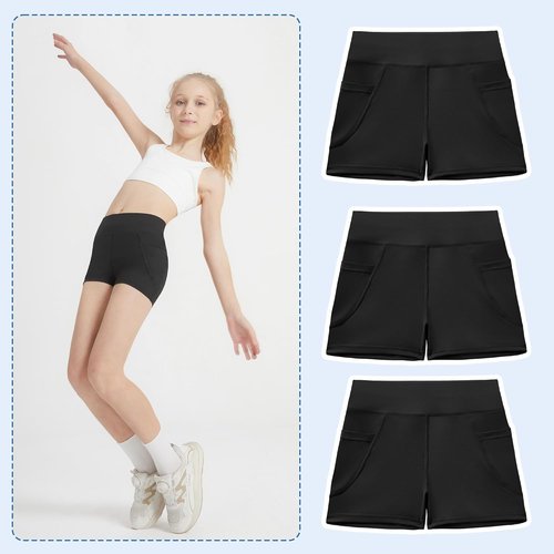 DIPUG Girls Volleyball Shorts - High Waist Biker Shorts with Pockets for Dance, Yoga & Gymnastics | 3 Pack