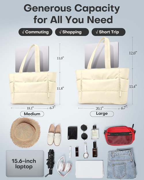 HOTOR Puffer Tote Bag - Multi-Pocket Lightweight Handbag for Work, Travel & Gym - Ideal for Women & Nurses