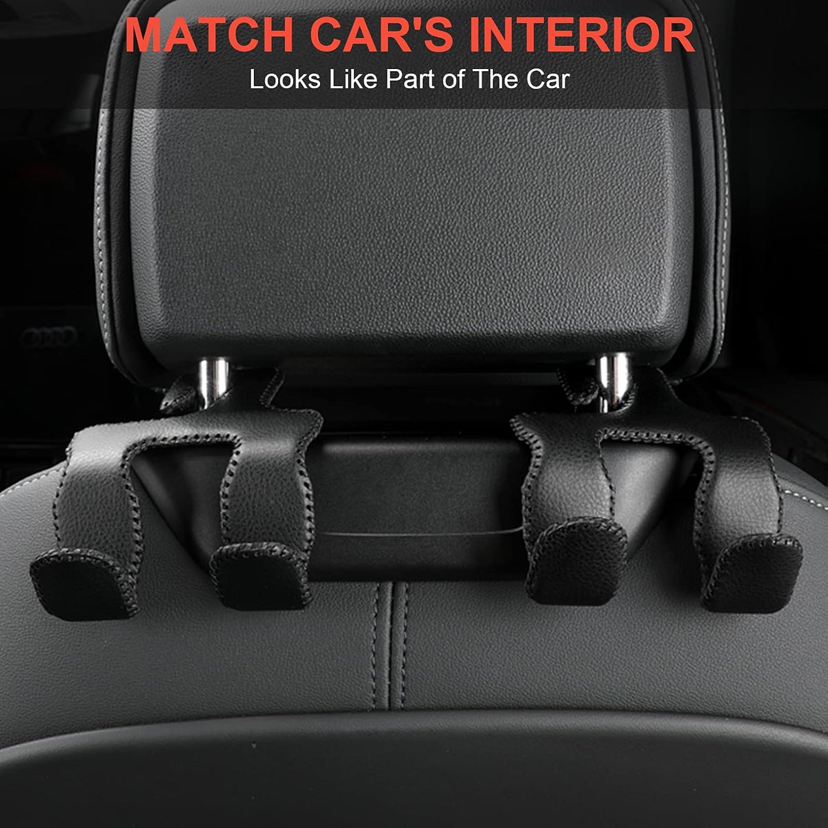AMVOYOA 【2021 Upgraded】 Car Purse Hook, 2 in 1 Car Seat Headrest Hooks Durable Hanger Storage Holder Leather Organizer for Hanging Grocery Bags, 2 Pack, Black