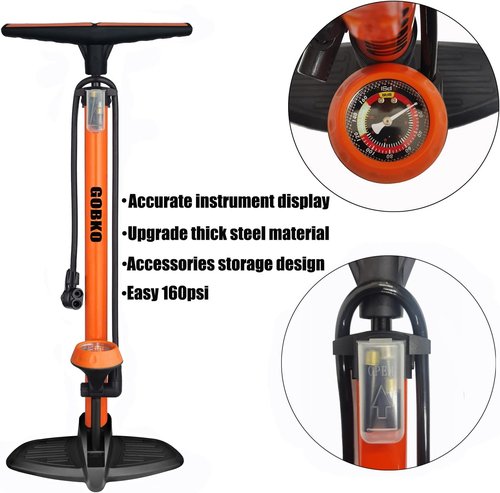 GOBKO Bicycle Floor Pump - High Pressure 160 PSI with Gauge for Presta & Schrader Valves | Portable Air Pump for Bikes & Sports Balls