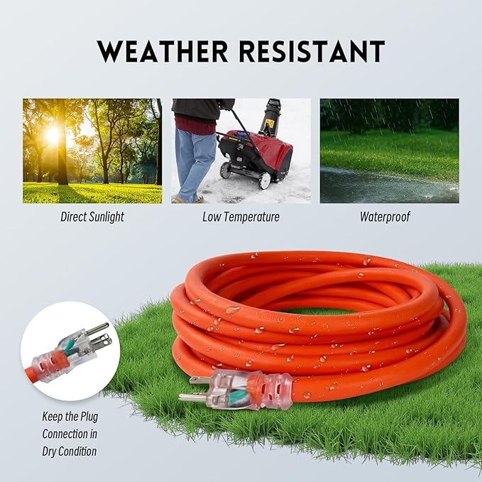 10 Gauge Heavy Duty Outdoor Extension Cord 25 FT, Waterproof Exterior Extension Cable with Lighted, 3 Prong Appliance Power Cord Outside, SJTW, 125 VAC, 15 Amp, 1875 Watts, Orange