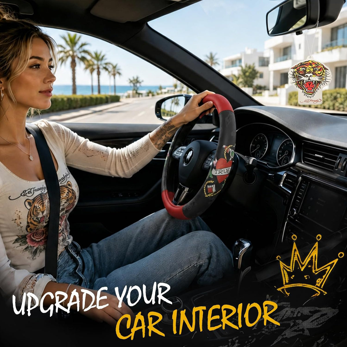 ED HARDY Heart Print Steering Wheel Cover, Red Leather Universal Car Streeing Cover, Fits 14.5-15.5 Inch Steering Wheels, Anti-Slip Comfortable Grip, Durable Auto Interior for Cars, SUVs, Trucks