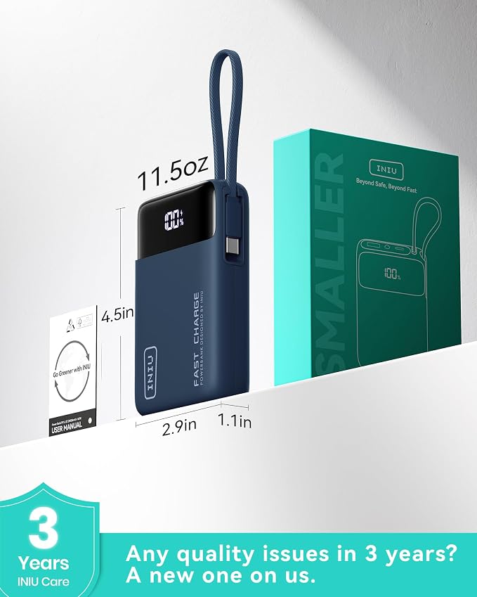 INIU 20000mAh Power Bank, Small Portable Charger, 45W PD Fast Charging Battery Pack with Build in USB-C Cable, Travel Phone Charger for iPhone 17 16 15 14 Air Samsung S25 S24 Google iPad Xiaomi, Blue
