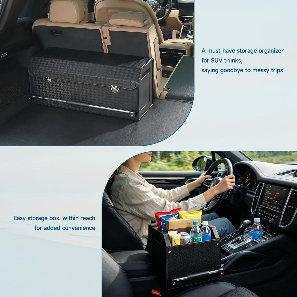 Leather Trunk Organizer, Waterproof Combination of Car Storage Organizer | 40.1*11.4*12.2in, Diamond-Pattern Leather, Heavy Duty, With Lid & Push-Pull Handle, for Groceries, Commute, Road Trips, Home
