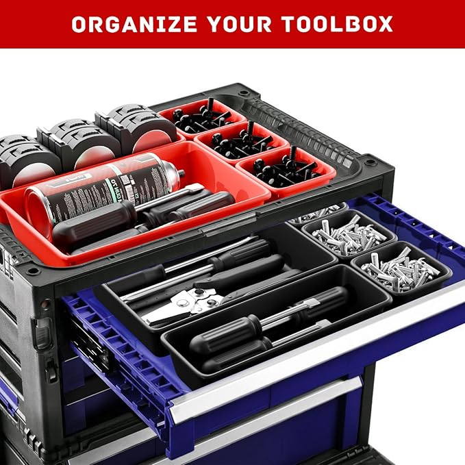 Toolbox Organizer Trays, Tool Chest Drawer Organizer with Non-Slip EVA Pads – 47pcs Red and Black Interlocking Trays for Workbench, Rolling Tool Cart, Garage