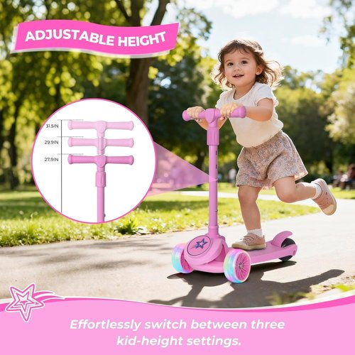 Nattork Kids Scooter - Light Up Wheels & Adjustable Height - Lean-to-Steer, Anti-Slip Deck, Ages 3-8