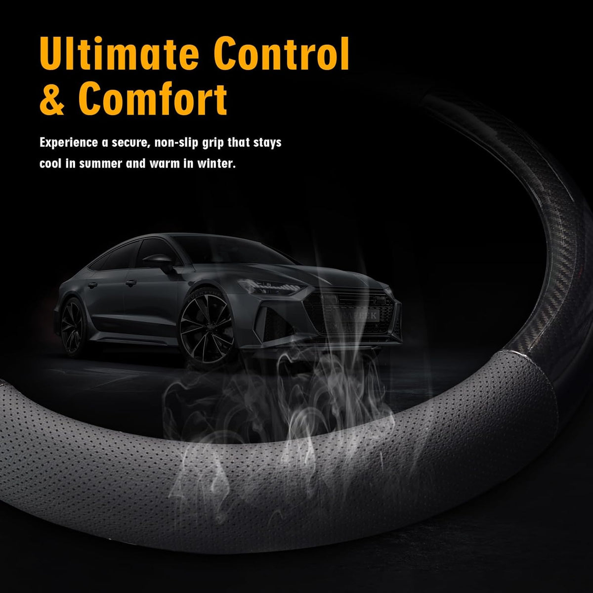 KAFEEK Classic Carbon Fiber Steering Wheel Cover, 15 inch, Black