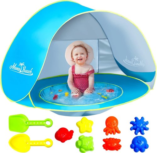 Monobeach Baby Beach Tent - Portable UPF50+ UV Protection Sun Shelter with Sand Toys | Easy Setup (Blue)