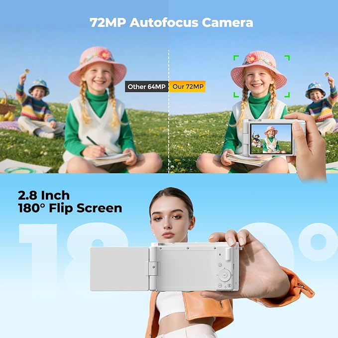 5K Digital Camera for Photography, 72MP Autofocus Point and Shoot Camera