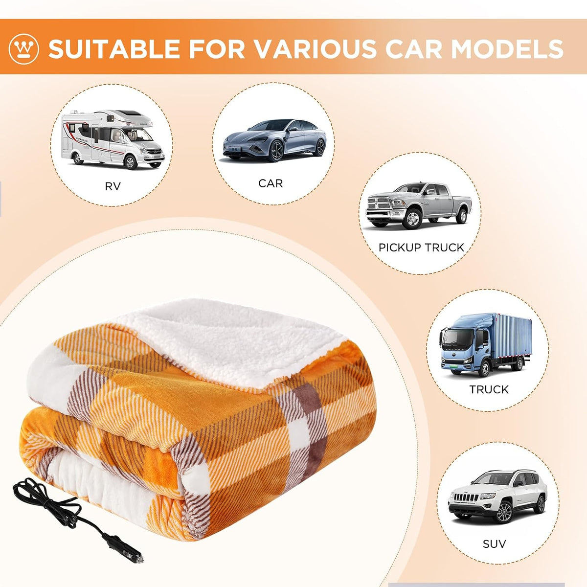 Westinghouse Heated Car Blanket, 12-Volt Electric Blanket for Car, Truck, SUV, RV, Portable Heated Throw for Camping, Orange Buffalo Plaid, 59" x 43”