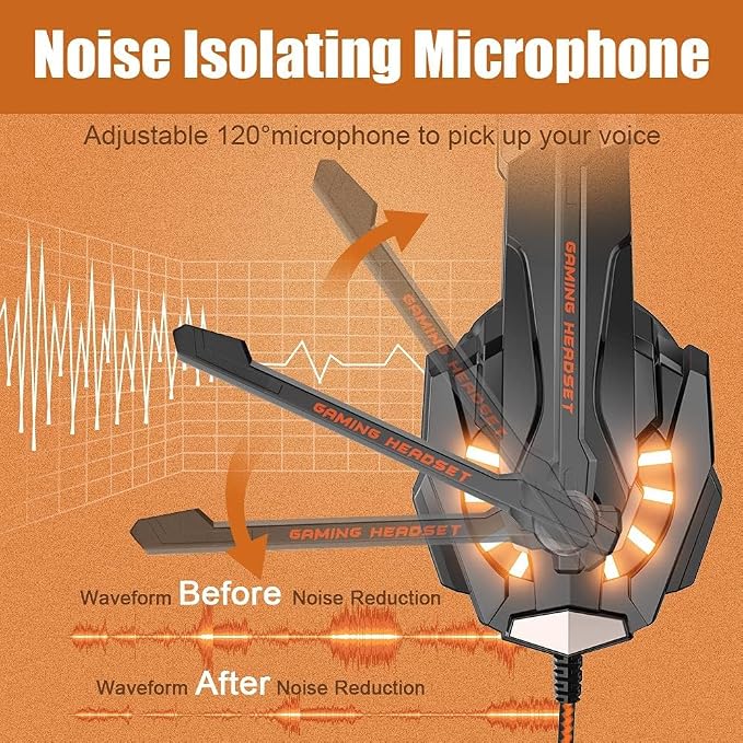 BENGOO G9000 Stereo Gaming Headset for PS4, PC, Xbox One Controller, Noise Cancelling Over Ear Headphones with Mic, LED Light, Bass Surround, Soft Memory Earmuffs (Orange)