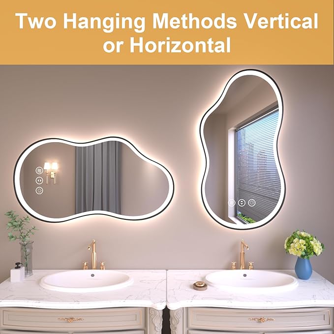 WTTY LED Irregular Bathroom Mirror 24x36 Inch with Front & Back Lights - Asymmetrical Design, Anti-Fog, Dimmable 3 Color Temperatures, Shatterproof Glass, Horizontal or Vertical Mount (Black Frame)