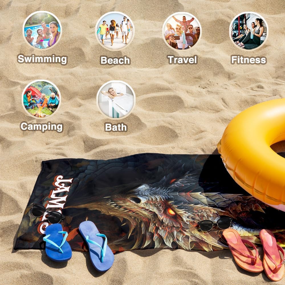 Personalized Dragon Beach Towel - Custom Black Dragon Design | Large Bath Towels for All Ages