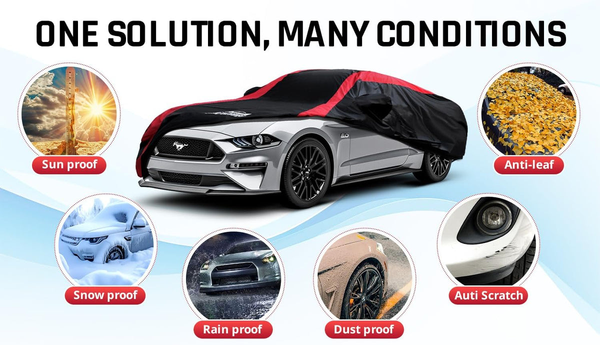 Mustang Car Cover Waterproof All Weather with Red Strip Design, Custom Fit for Ford Mustang 1994–2025, Mustang Accessory with Door Zipper & Windproof Straps