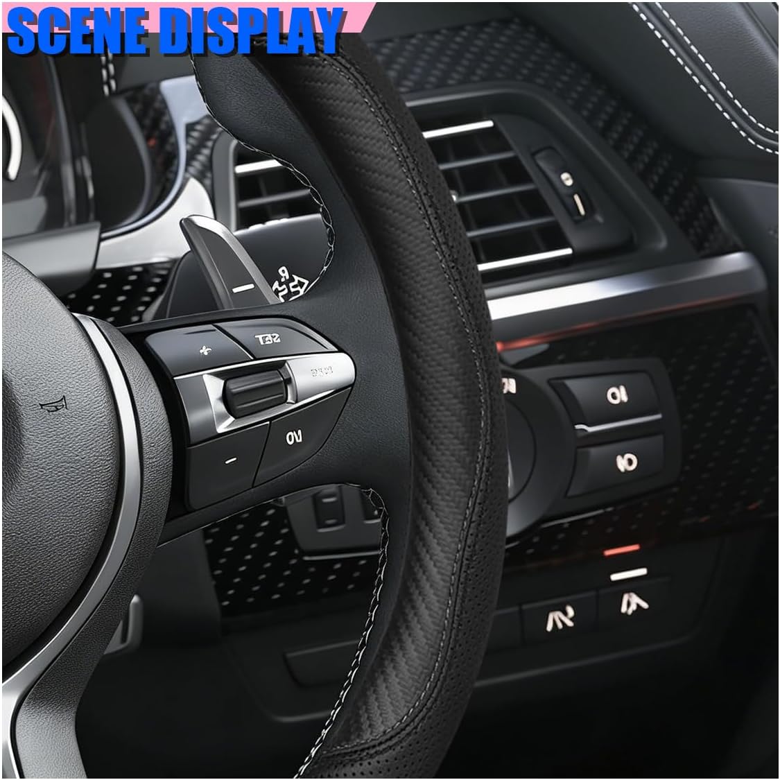 Craedli Carbon Fiber Nappa Leather Car Steering Wheel Cover 14.5-15 Inch