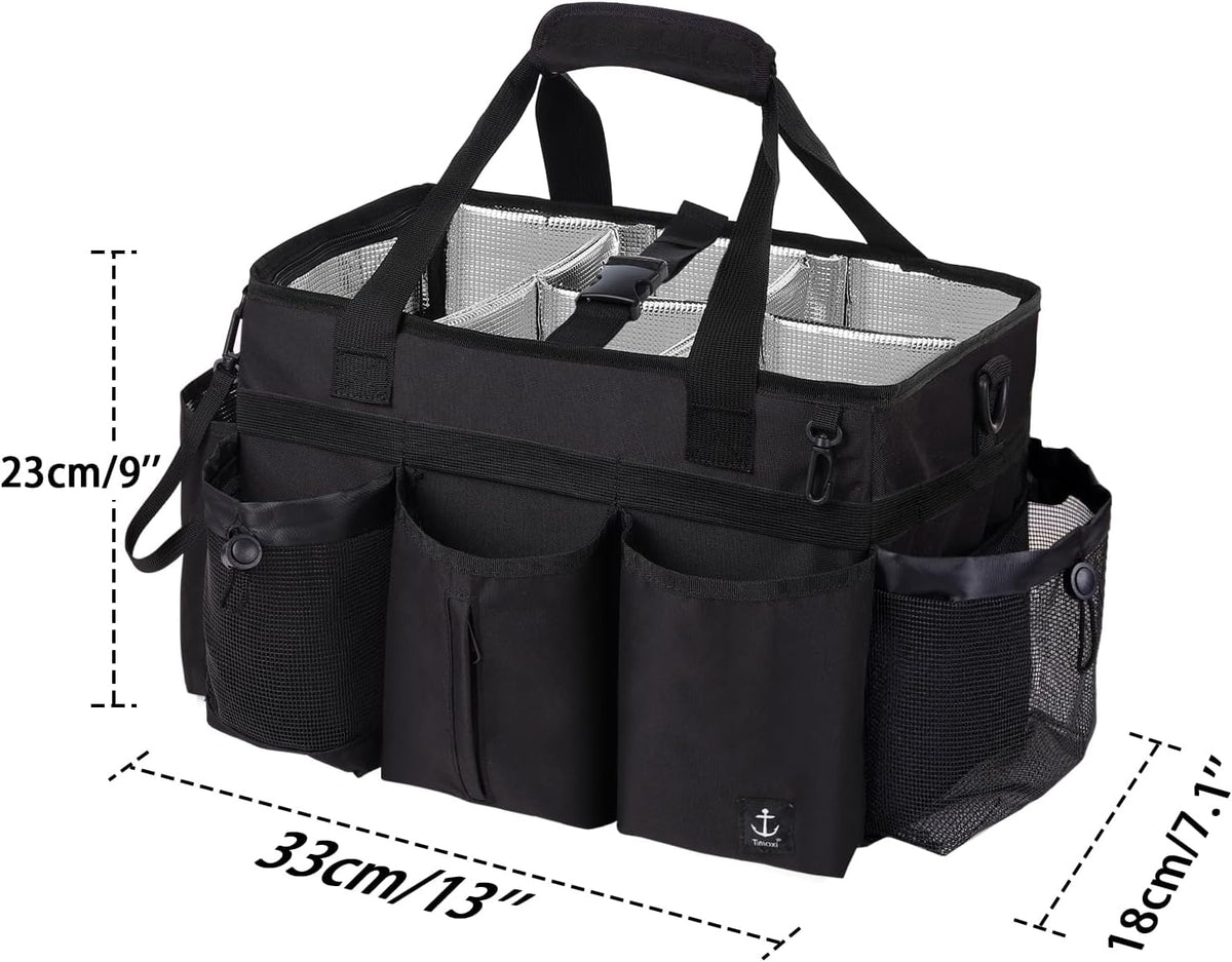 Large Wearable Cleaning Caddy Bag with Detachable Divider, Cleaning Organizer with Handles, Cleaning Supply Tote with Adjustable Shoulder Strap&Waist Belt for Cleaners & Housekeeper (Black)